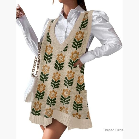 V-Neck Sweater Vest Dress with Pockets Knitted Pullover Oversized Fit